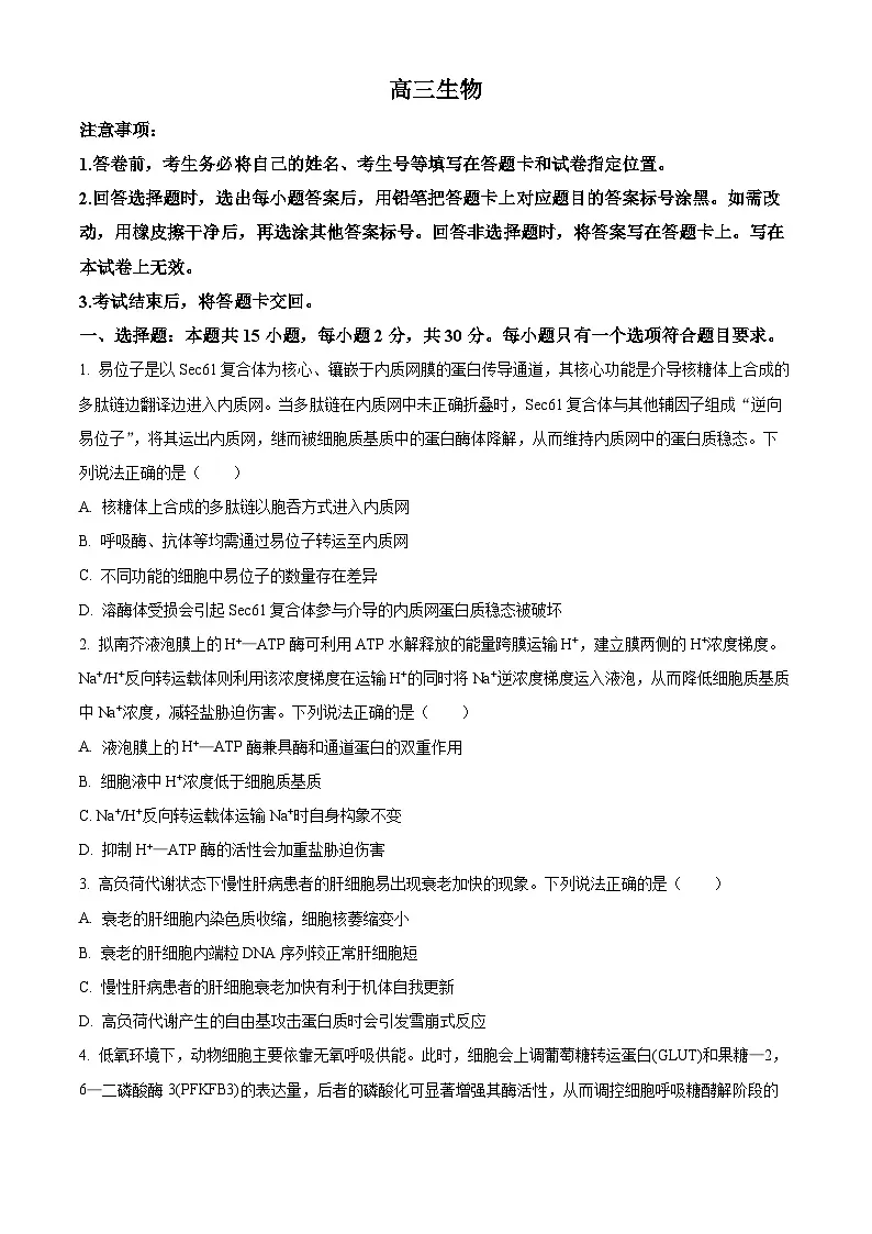 山东威海市2025-2026学年高三上学期期末生物试题(试卷+解析)第1页