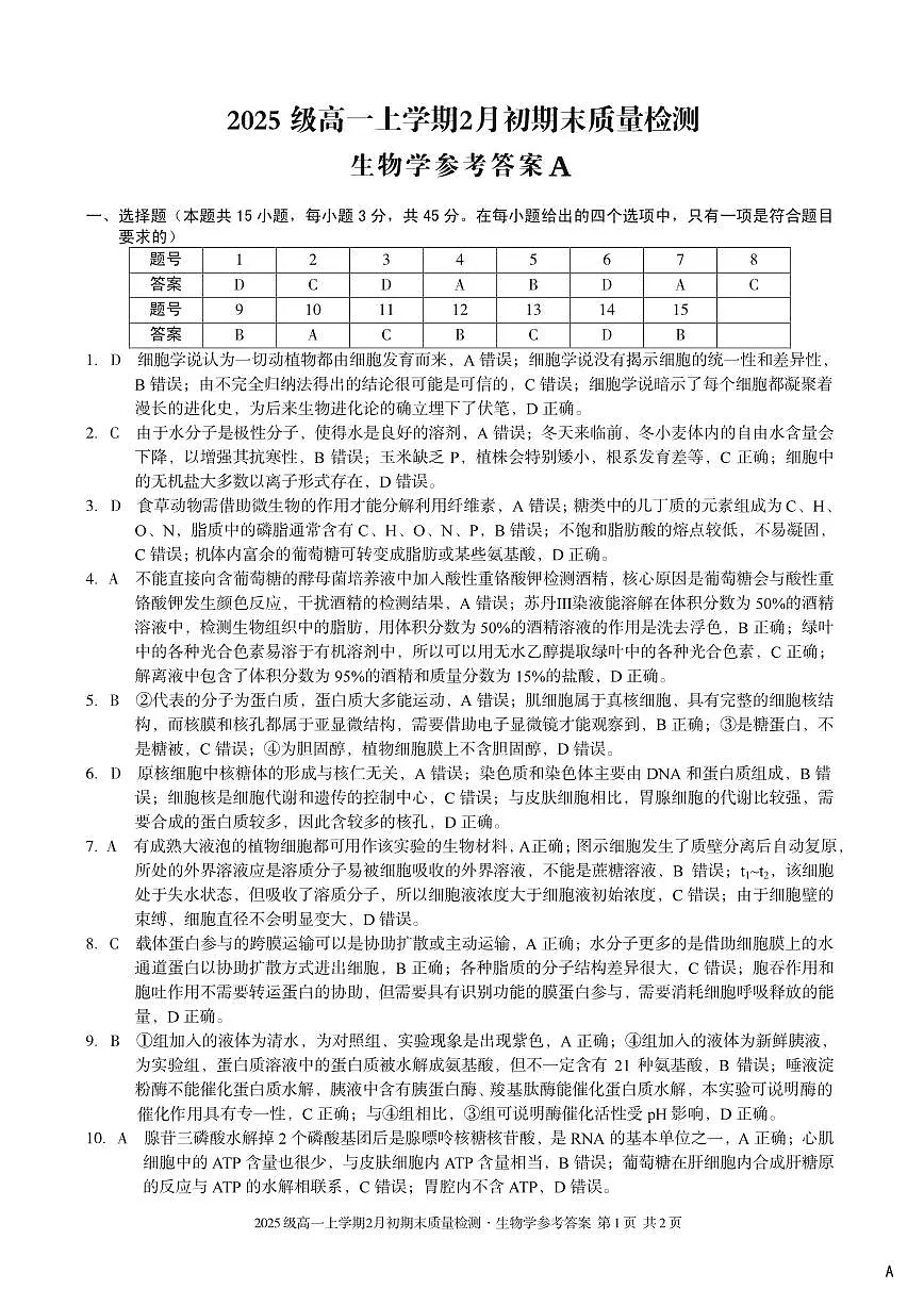 2025级高一上学期2月初期末质量检测 生物A答案第1页