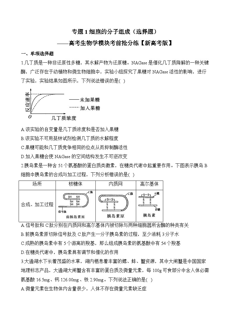 专题1细胞的分子组成(选择题)——高考生物学模块考前抢分练【新高考版】(含解析)(1)第1页