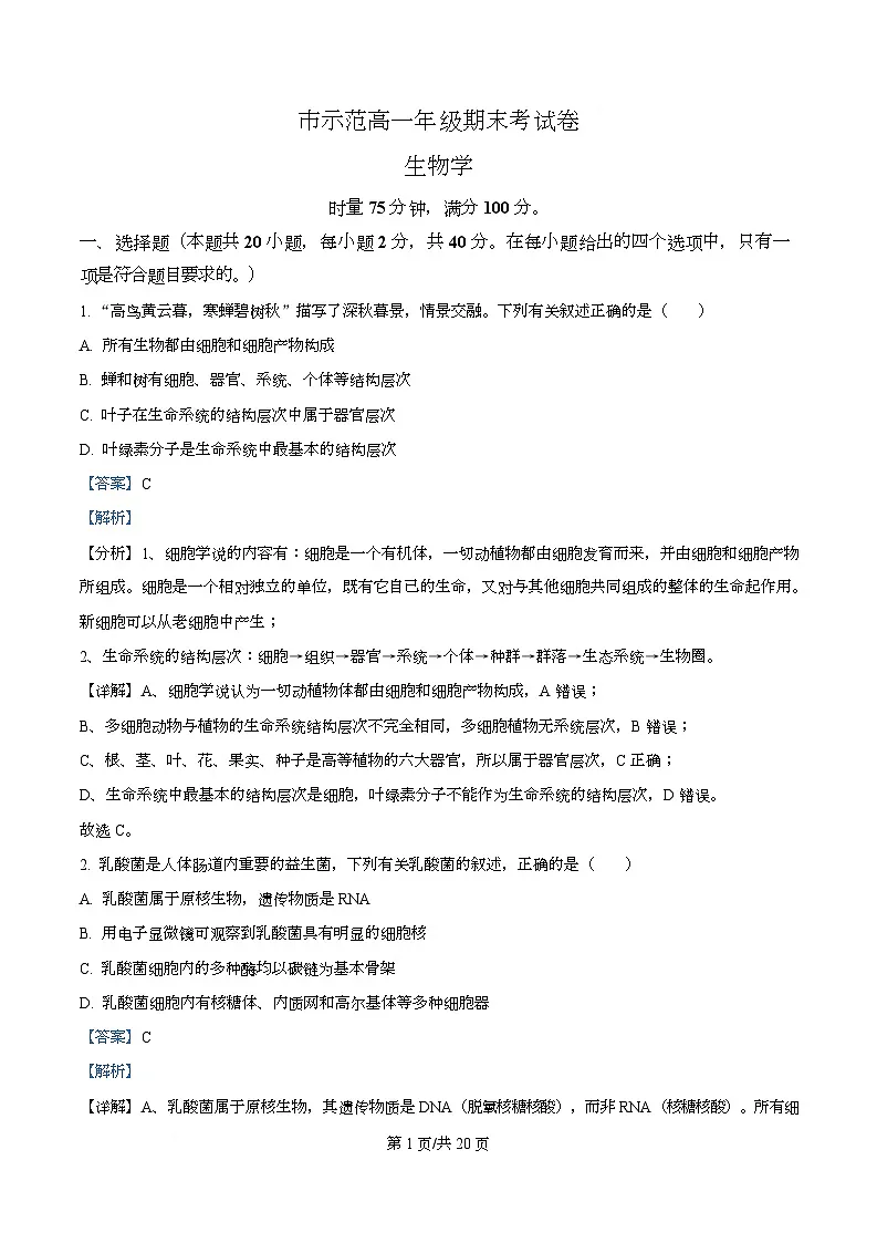 市示范2024-2025学年高一上学期期末生物试卷 Word版含解析第1页