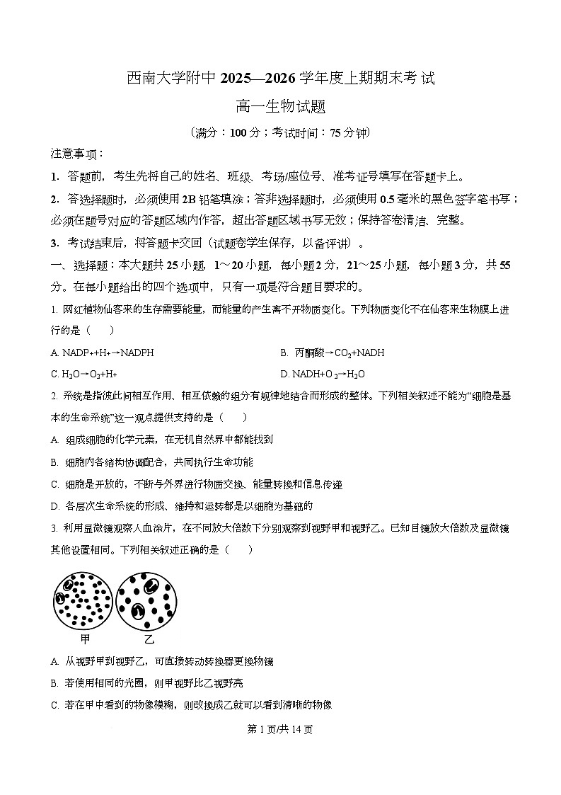重庆市西南大学附属中学2025-2026学年秋季学期高一生物期末试卷(原卷版)第1页