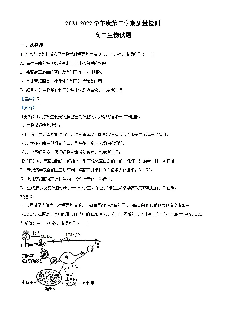 山东省济宁市2021-2022学年高二下学期期末生物试题 附解析第1页