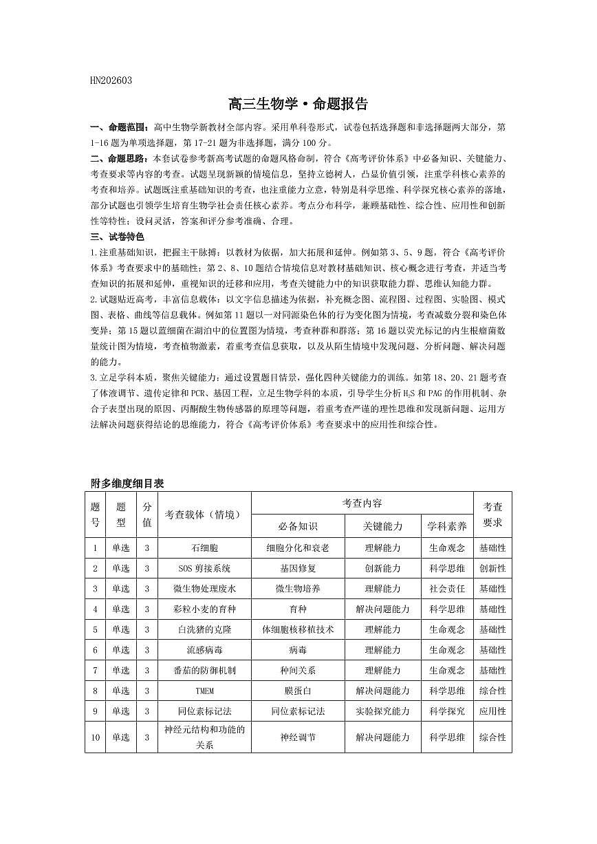 生物学-高三素质评价 命题报告第1页