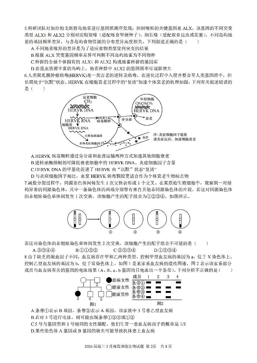 安徽省合肥市一六八中学2026届高三3月份规范训练 生物第2页