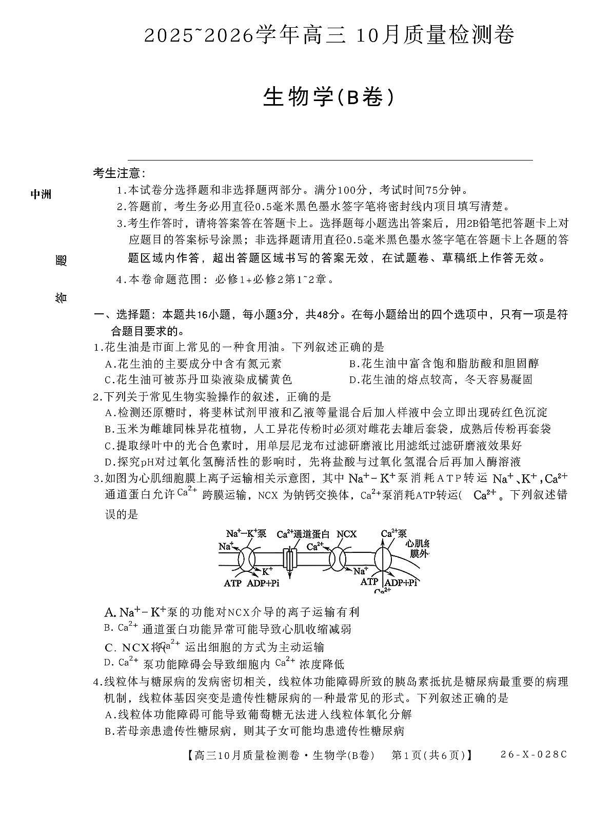山西三晋联盟2025-2026高三10月质量检测 生物(B)试卷(含答案)第1页