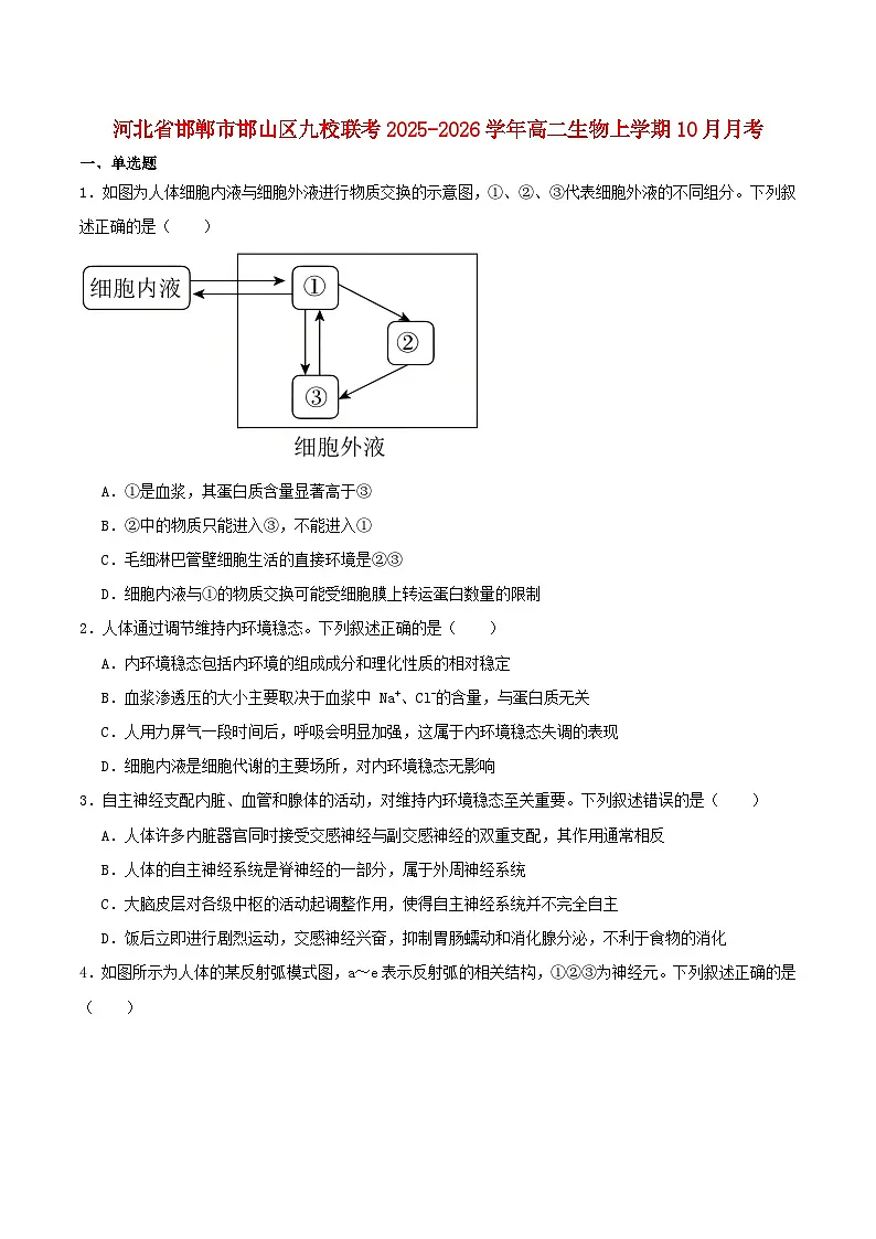 河北省邯郸市邯山区九校联考2025_2026学年高二生物上学期10月一调考试第1页