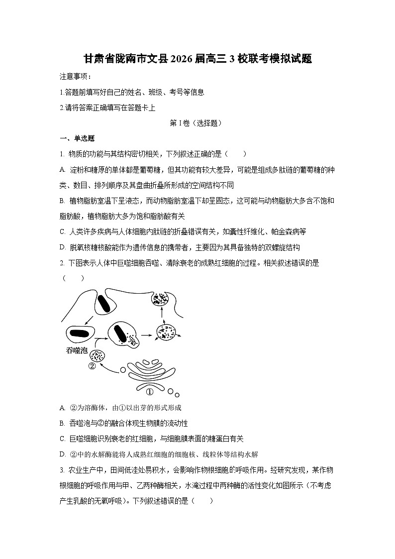 2026届甘肃省陇南市文县高三下3校联考模拟生物试卷(学生版)第1页
