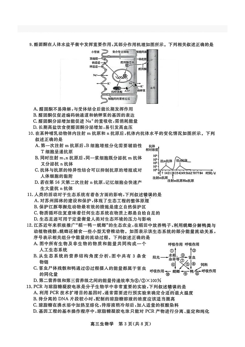 江苏省顶尖九校2026届高三下学期3月联考生物试题 含答案第3页