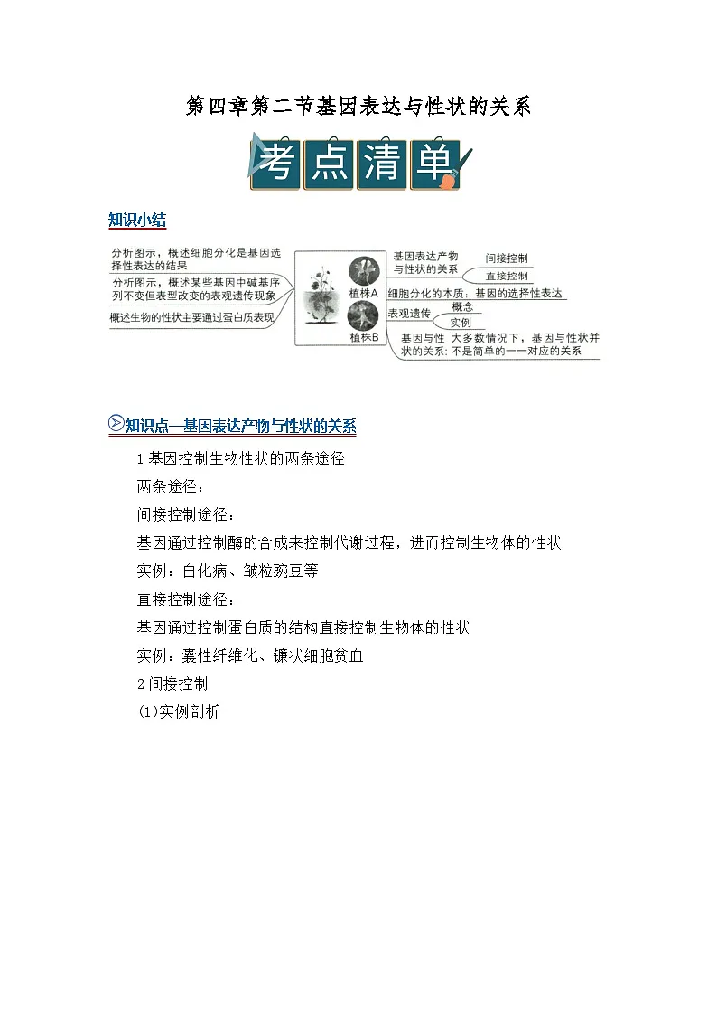 第四章第二节基因表达与性状的关系 2025-2026学年高中生物必修二同步复习讲义(解析版)第1页