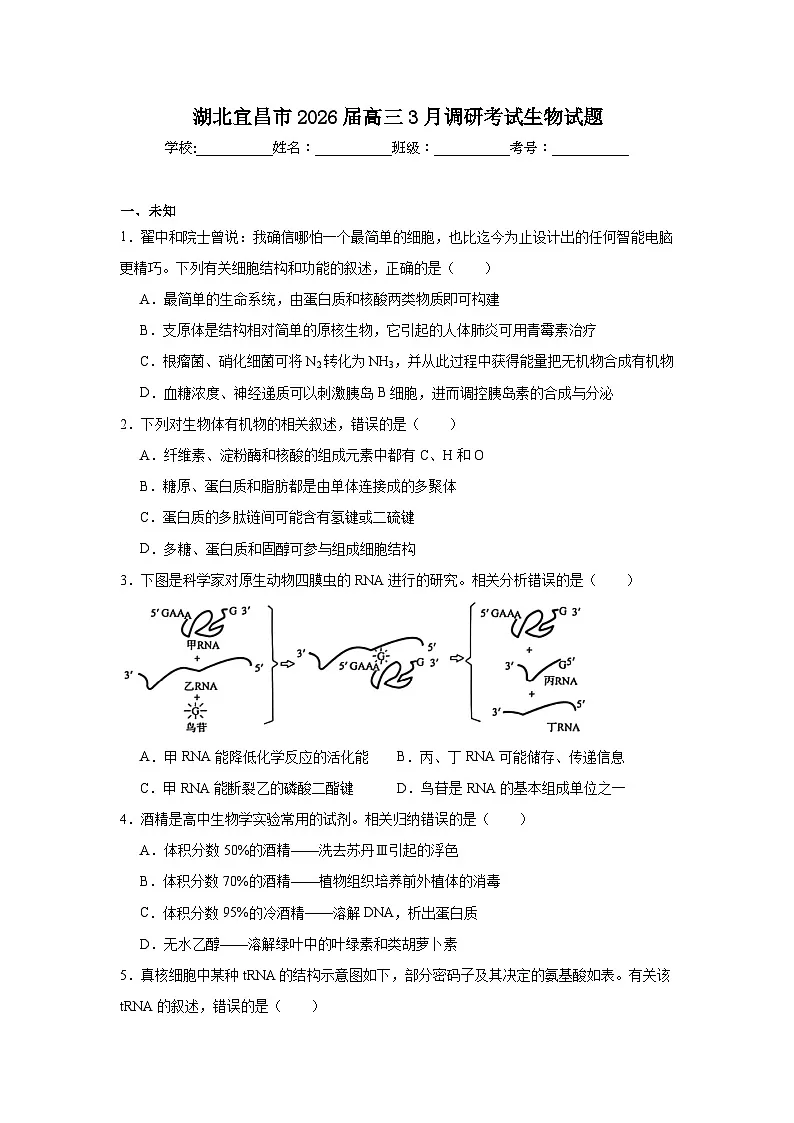 2026年湖北宜昌市高三3月调研考试生物试题(无答案)第1页