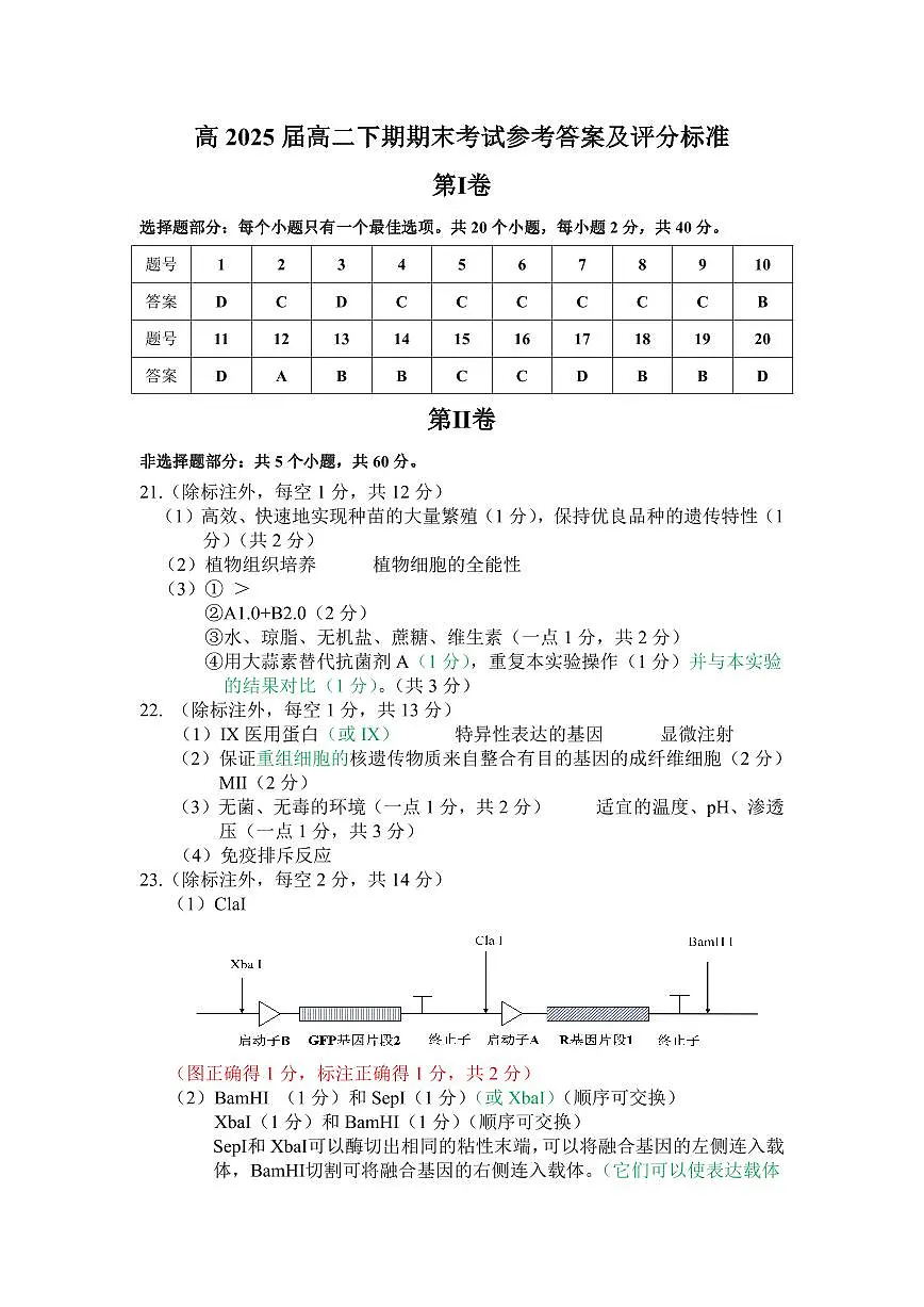 四川省乐山市2023-2024学年高二下学期期末教学质量检测+生物答案第1页