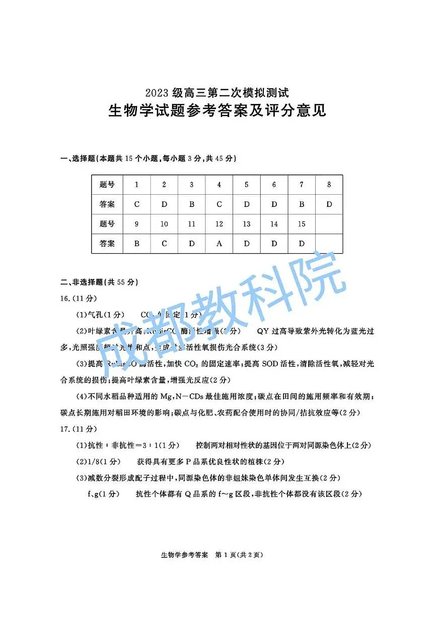 四川省成都市2023级高三第二次模拟测试 生物答案第1页