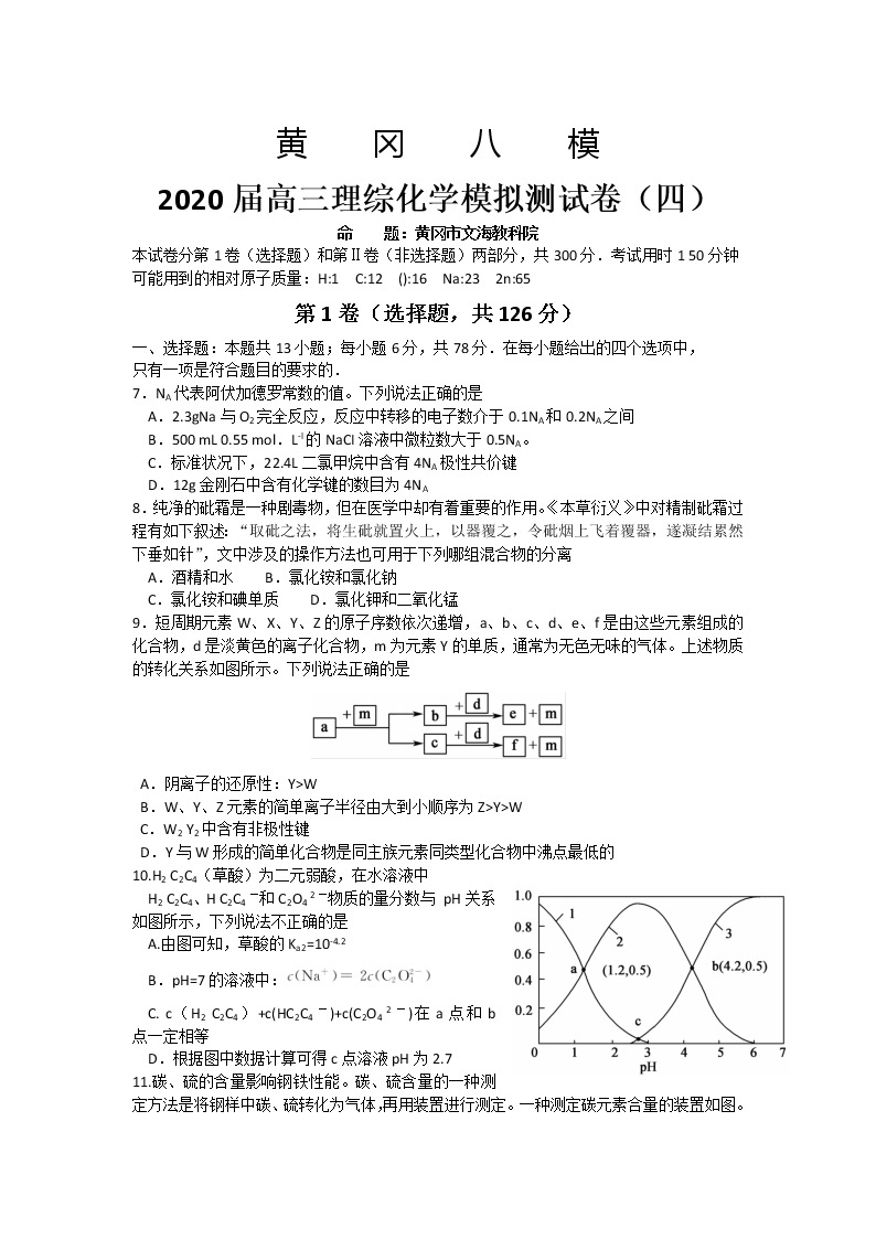 2020届湖北省黄冈八模高三模拟理综化学测试卷（四）（含解析）01