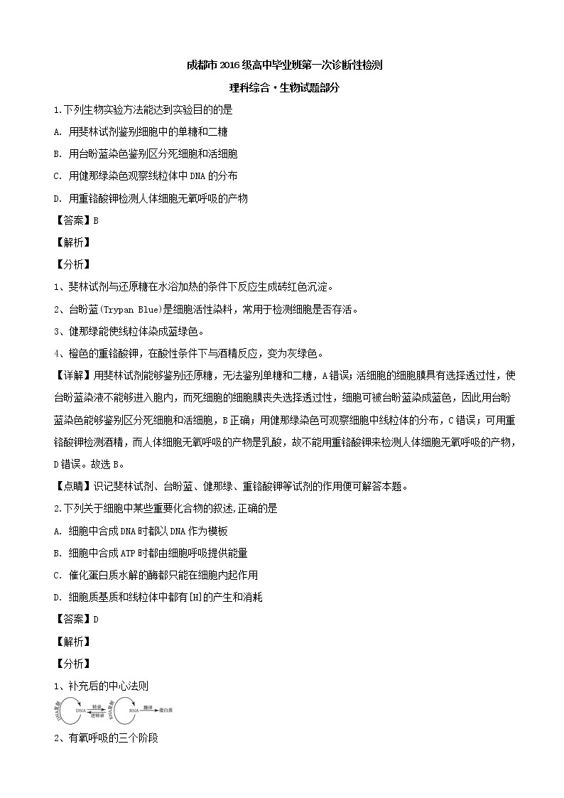 2019届四川省成都市高三上学期第一次诊断性检测生物试题（解析版）01