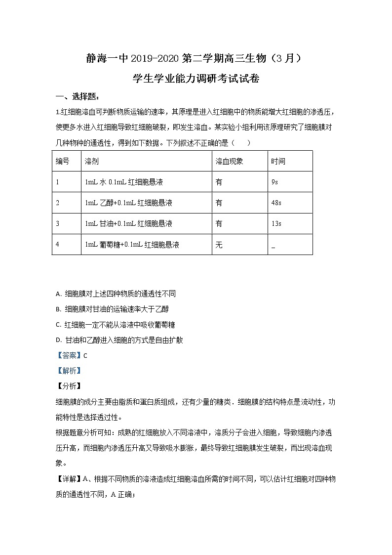 天津市静海区一中2020届高三下学期第一次月考生物试题01