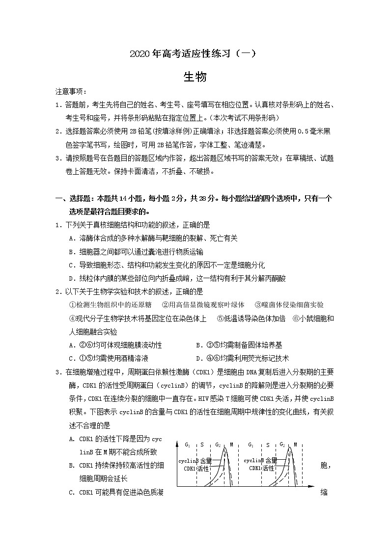 山东省烟台市2020届高三高考适应性练习(一)生物试题第1页