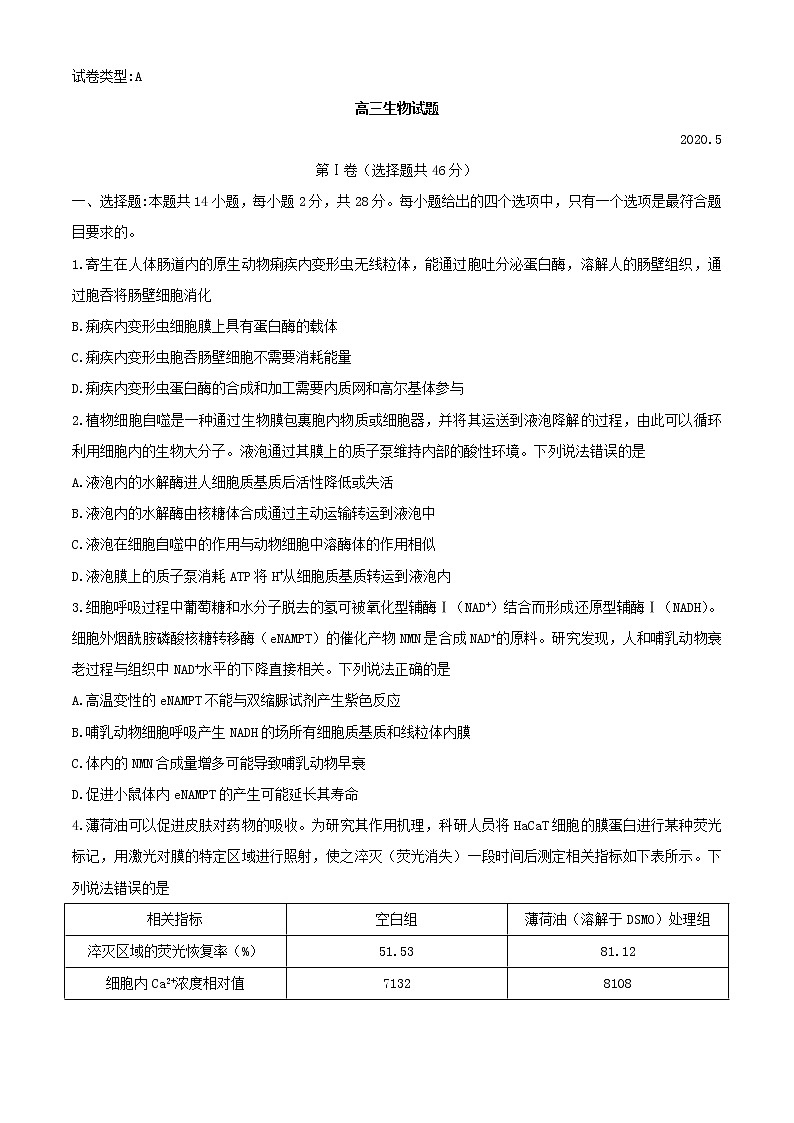 山东省滨州市2020届高三模拟考试生物试题第1页