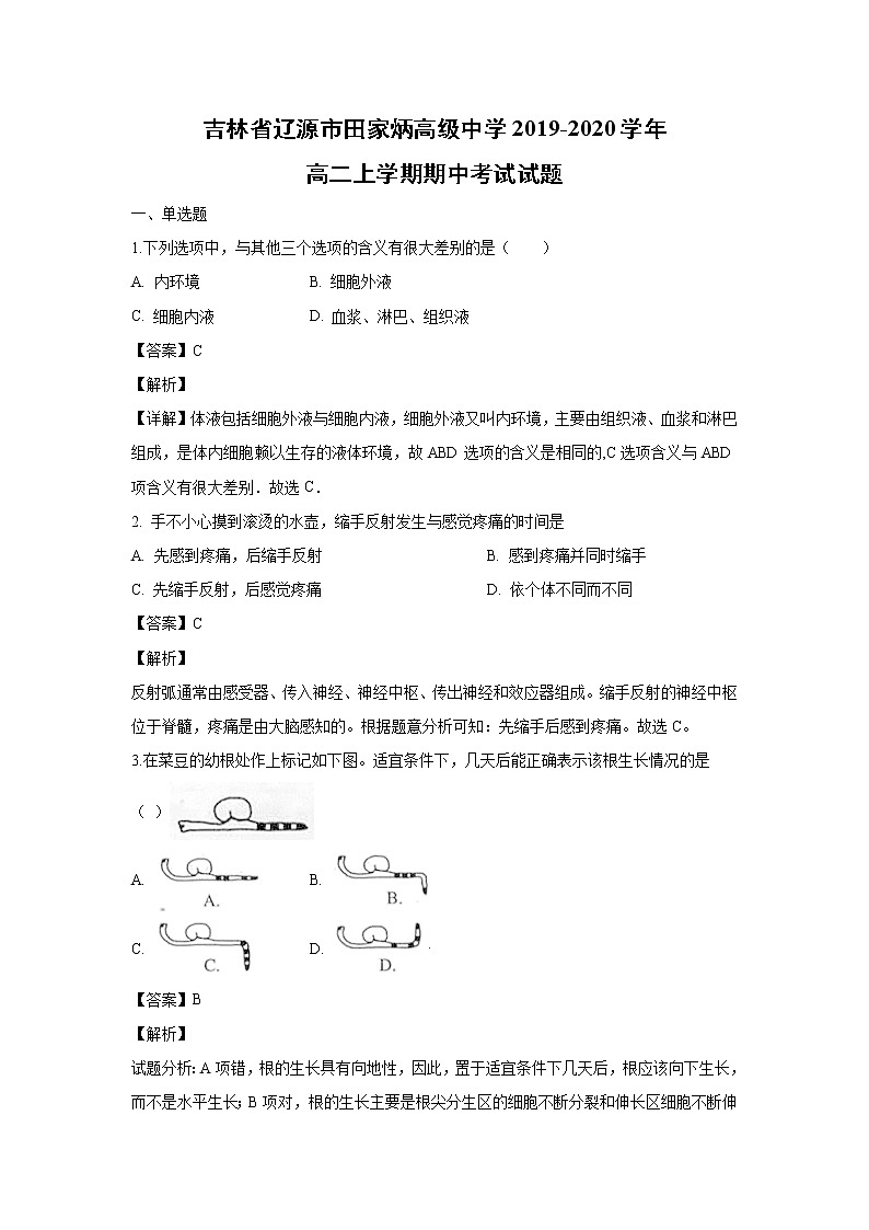 【生物】吉林省辽源市田家炳高级中学2019-2020学年高二上学期期中考试试题(解析版)01
