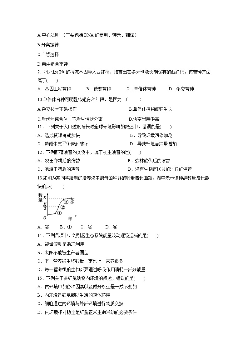 【生物】广东省北京师范大学珠海分校附属外国语学校2019-2020学年高二上学期期末考试试题02