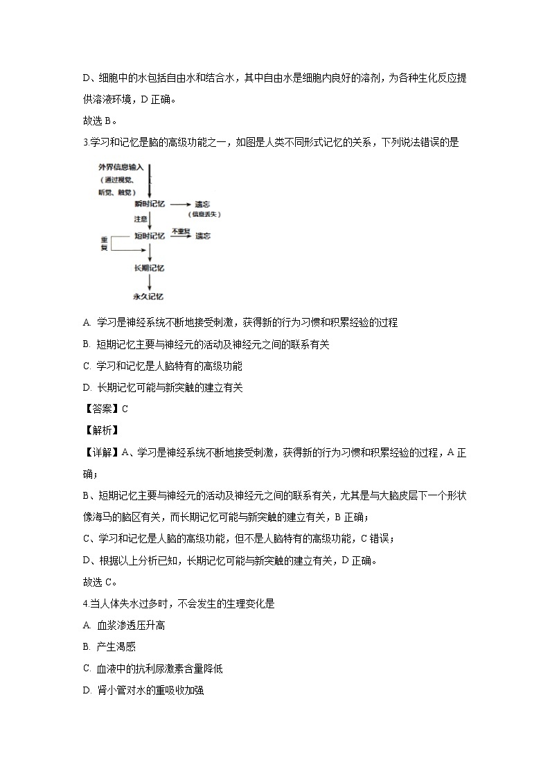 【生物】湖南省常德市2019-2020学年高二上学期期末考试（选考）试题（解析版）02