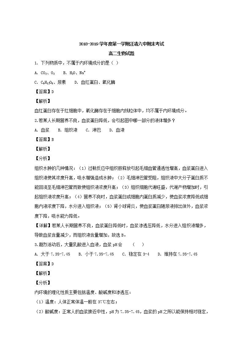 2018-2019学年吉林省汪清县第六中学高二上学期期末考试生物试题 解析版01
