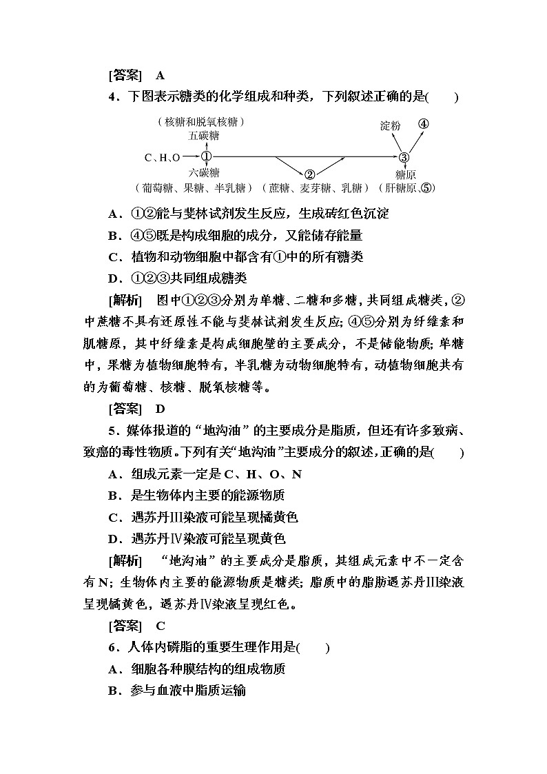 (新)人教版高中生物必修1课后作业:5细胞中的糖类和脂质(含解析)02