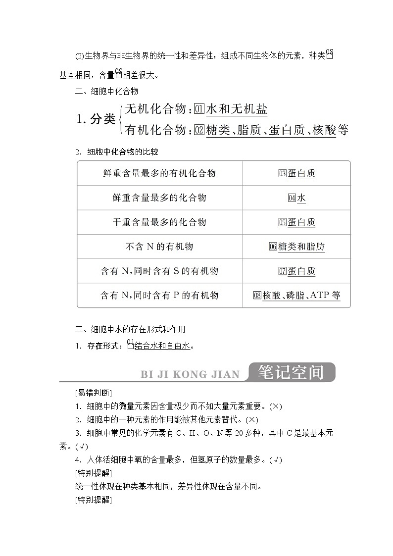 2020年高考生物一轮复习讲义:必修1 第一单元 第2讲 细胞中的元素和化合物、细胞中的无机物03