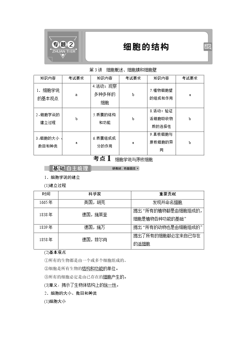 2021版浙江新高考选考生物一轮复习教师用书：第3讲　细胞概述、细胞膜和细胞壁