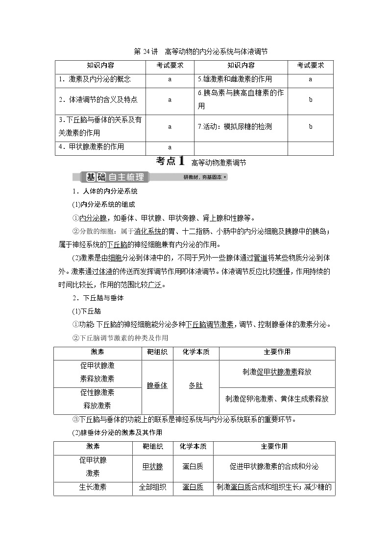 2021版浙江新高考选考生物一轮复习教师用书：第24讲　高等动物的内分泌系统与体液调节01