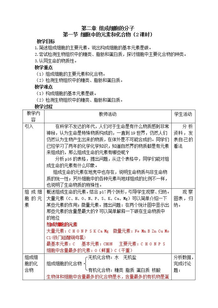 人教高中生物必修1教案： 2.1 细胞中的元素和化合物 101