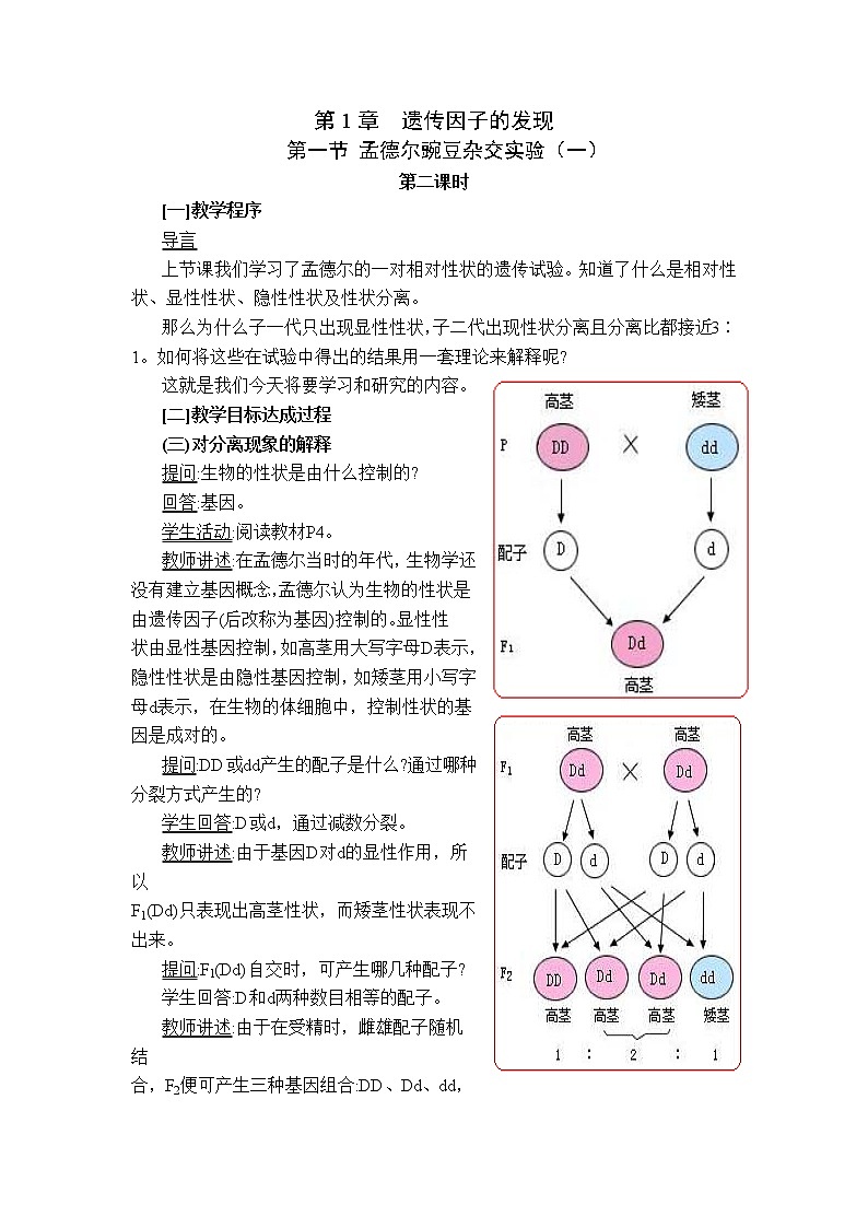 人教高中生物必修2教案:第1章 第一节 孟德尔豌豆杂交实验(一)第2课时01