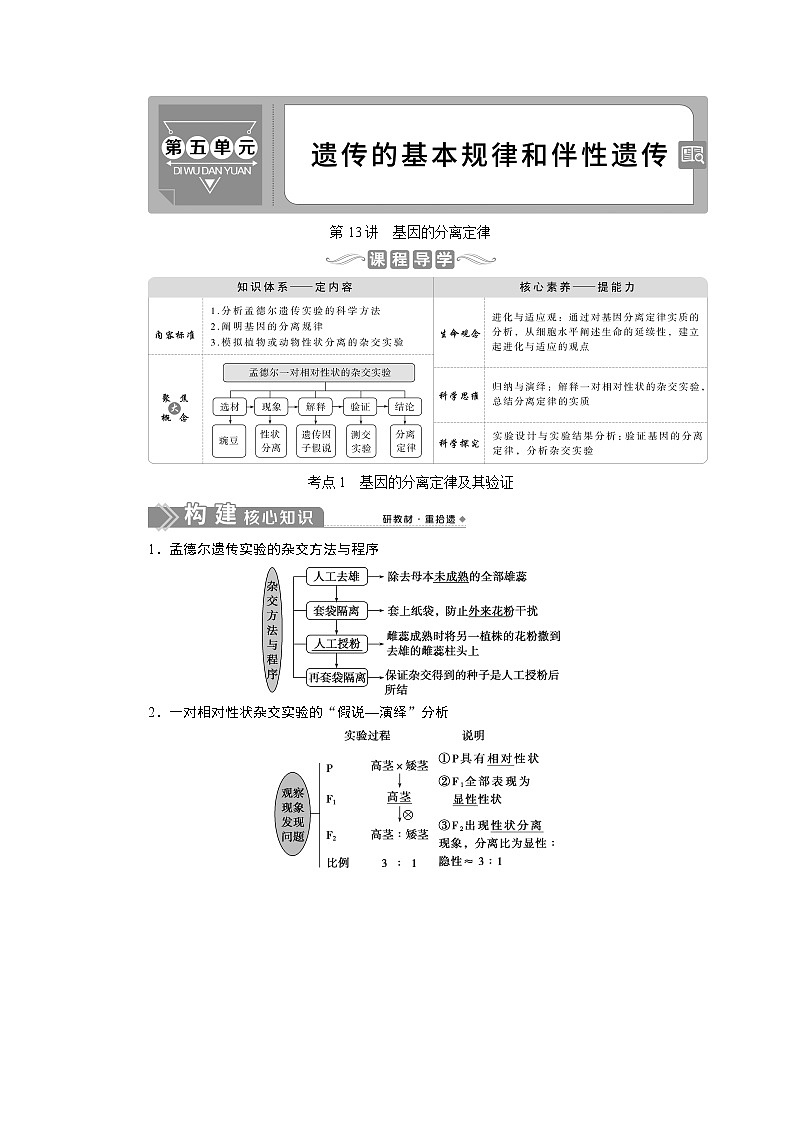 2021版新高考选考生物一轮复习通用版学案:第13讲 基因的分离定律01