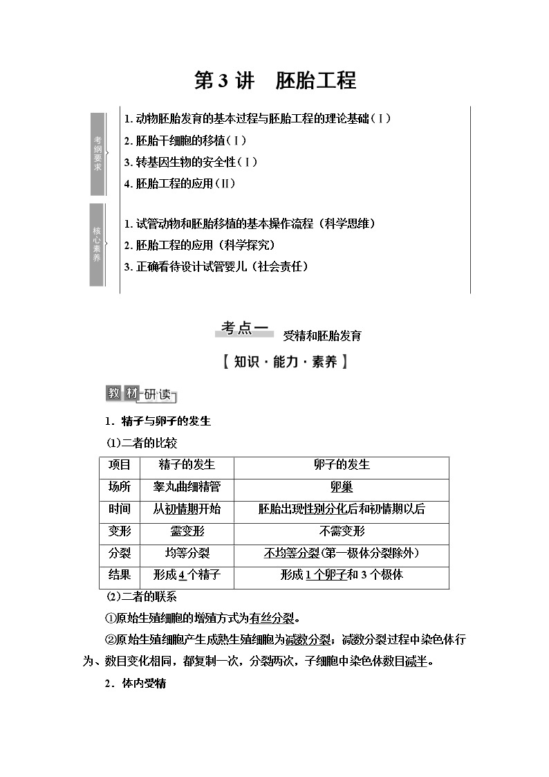 2021版高考生物（苏教版）一轮复习学案：选修3第3讲　胚胎工程01