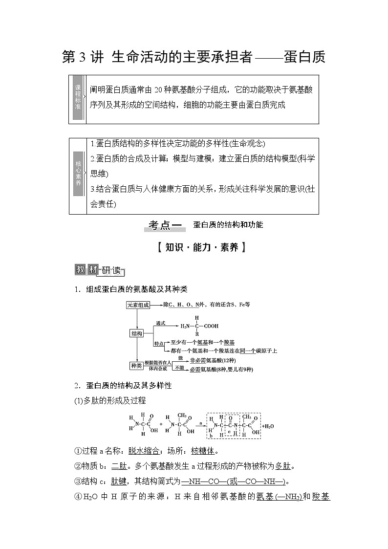 2021版新高考生物培优大一轮复习讲义:必修1第1单元第3讲生命活动的主要承担者——蛋白质第1页