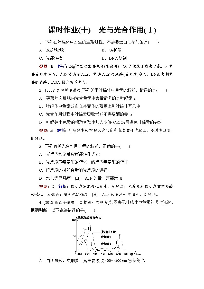 2019届高考生物一轮复习:课时作业10光与光合作用(Ⅰ)(含解析)第1页