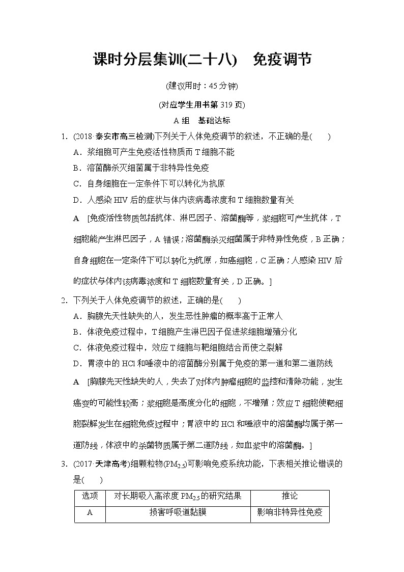 2019版高考生物一轮课时分层集训《28 免疫调节》(含解析) 试卷01