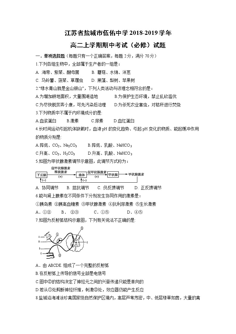 【生物】江苏省盐城市伍佑中学2018-2019学年高二上学期期中考试(必修)试题 (1)第1页