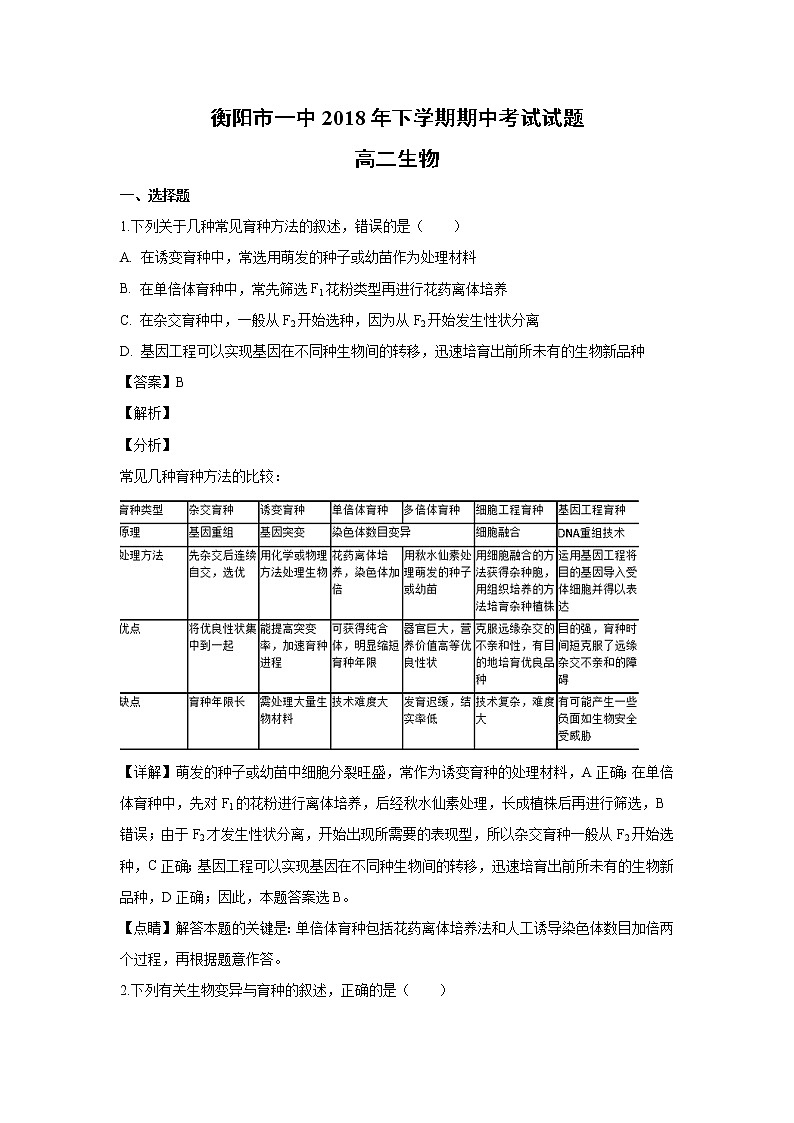 【生物】湖南省衡阳市第一中学2018-2019学年高二上学期期中考试试题01