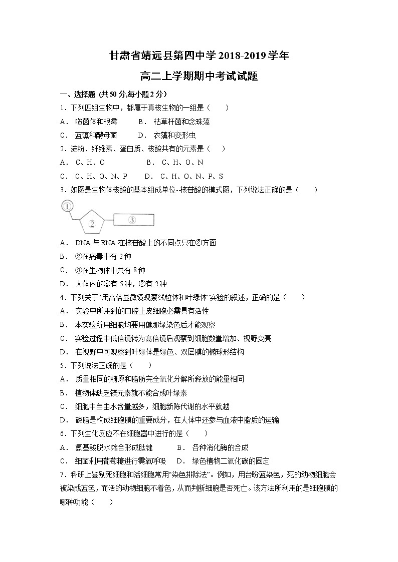 【生物】甘肃省靖远县第四中学2018-2019学年高二上学期期中考试试题第1页