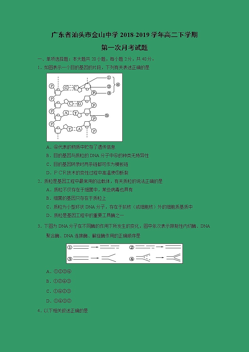 【生物】广东省汕头市金山中学2018-2019学年高二下学期第一次月考试题01