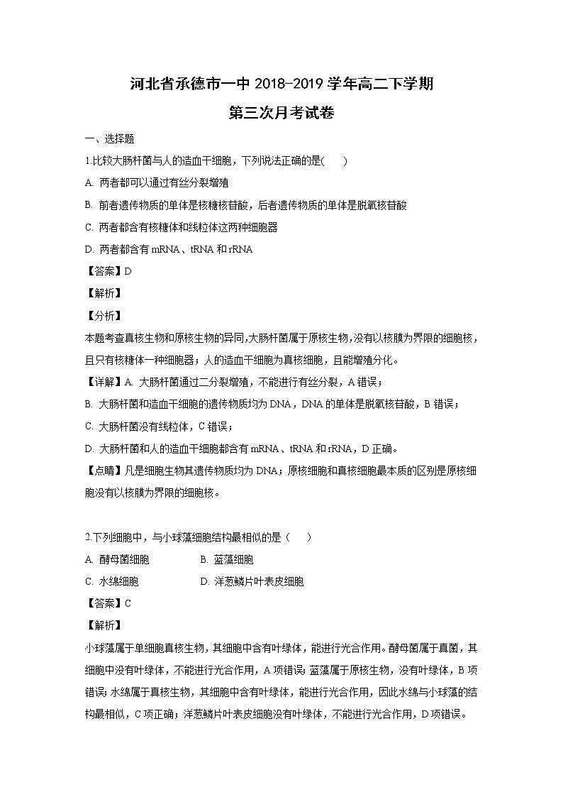 【生物】河北省承德市一中2018-2019学年高二下学期第三次月考试卷(解析版)01