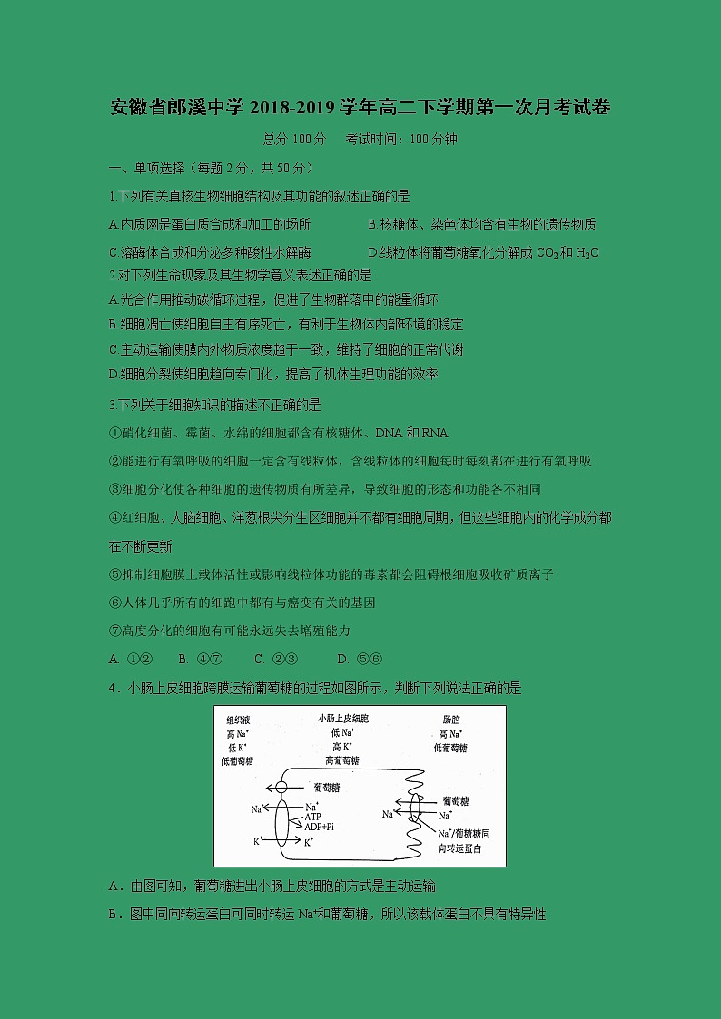 【生物】安徽省郎溪中学2018-2019学年高二下学期第一次月考试卷01