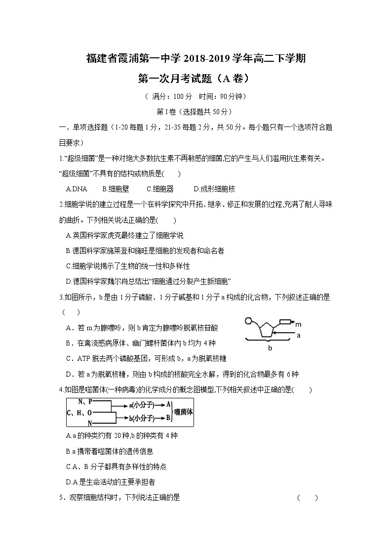 【生物】福建省霞浦第一中学2018-2019学年高二下学期第一次月考试题第1页