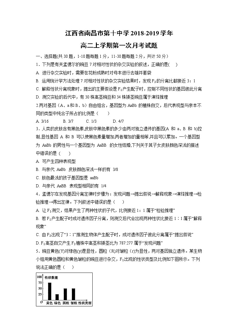 【生物】江西省南昌市第十中学2018-2019学年高二上学期第一次月考试题01