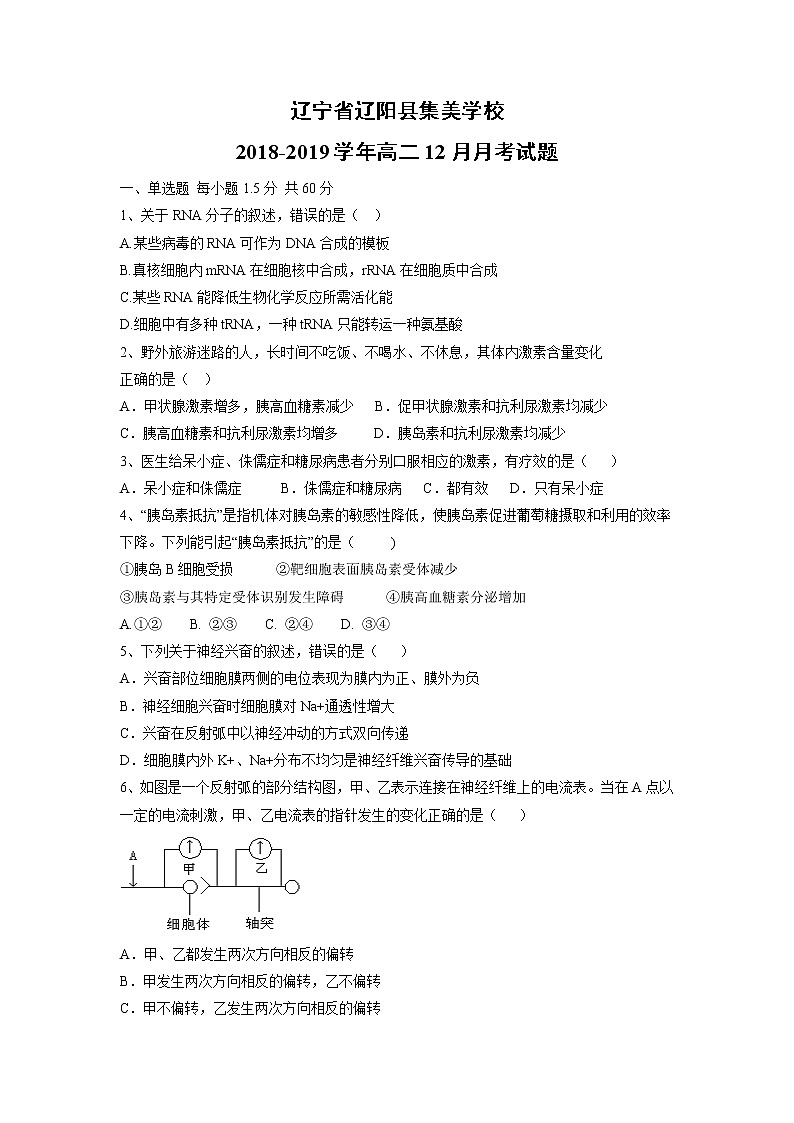 【生物】辽宁省辽阳县集美学校2018-2019学年高二12月月考试题01