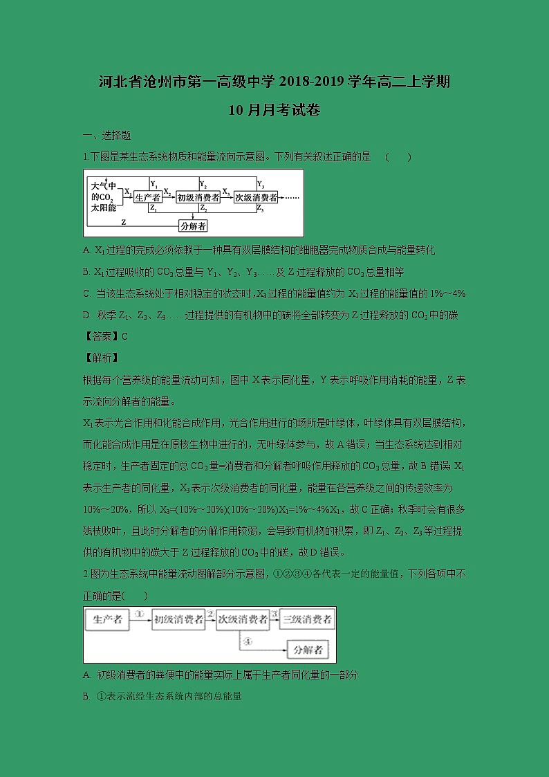 【生物】河北省沧州市第一高级中学2018-2019学年高二上学期10月月考试卷(解析版)01