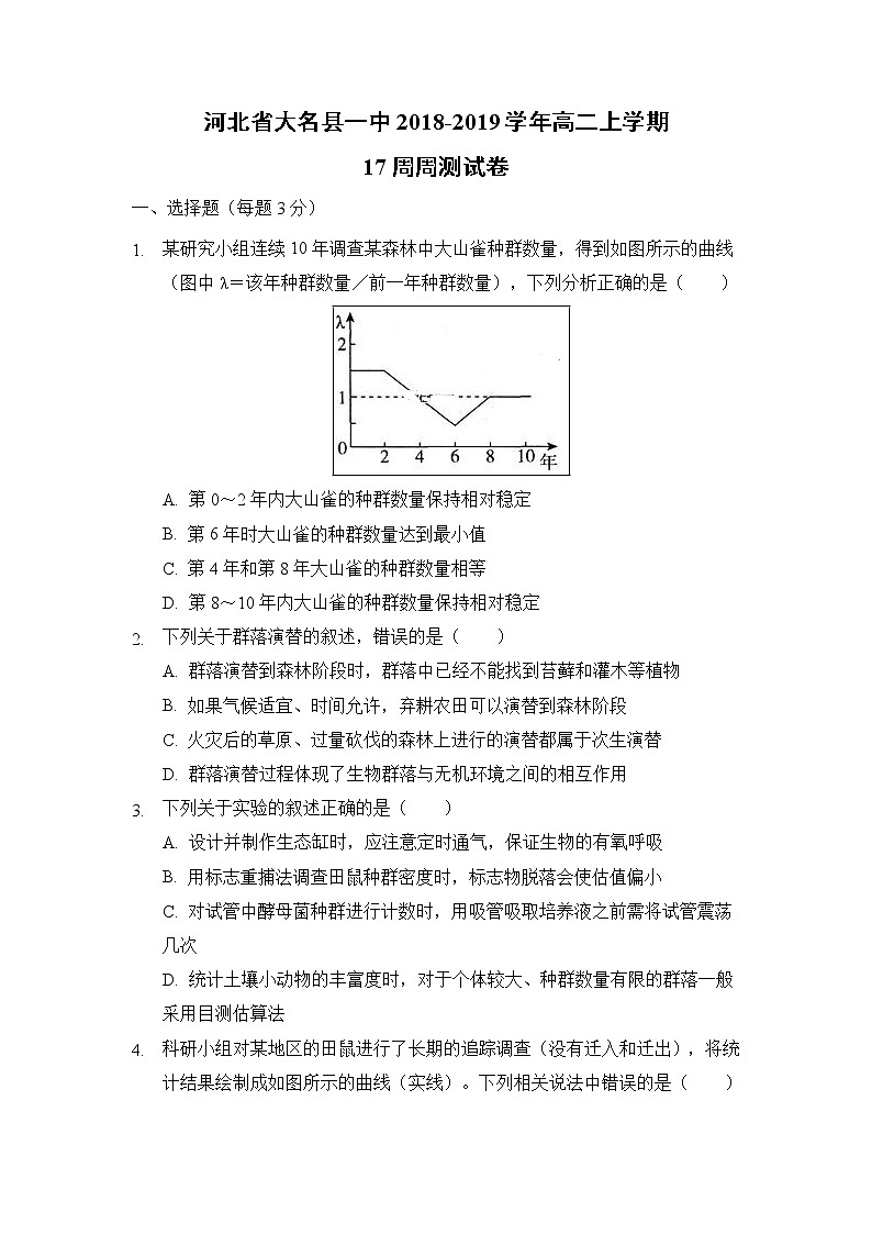 【生物】河北省大名县一中2018-2019学年高二上学期17周周测试卷01