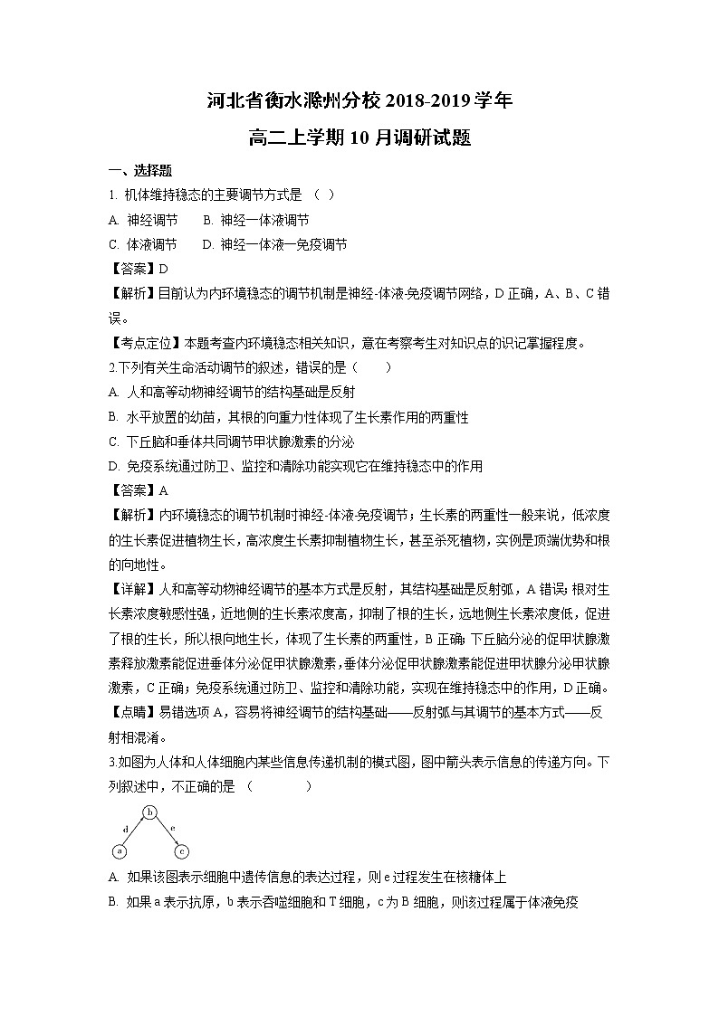 【生物】河北省衡水滁州分校2018-2019学年高二上学期10月调研试题(解析版)第1页