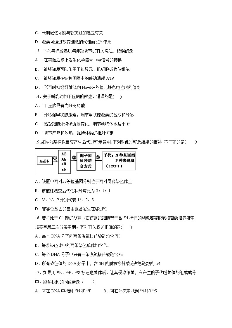 【生物】安徽省郎溪中学2018-2019学年高二上学期直升部返校考试题03
