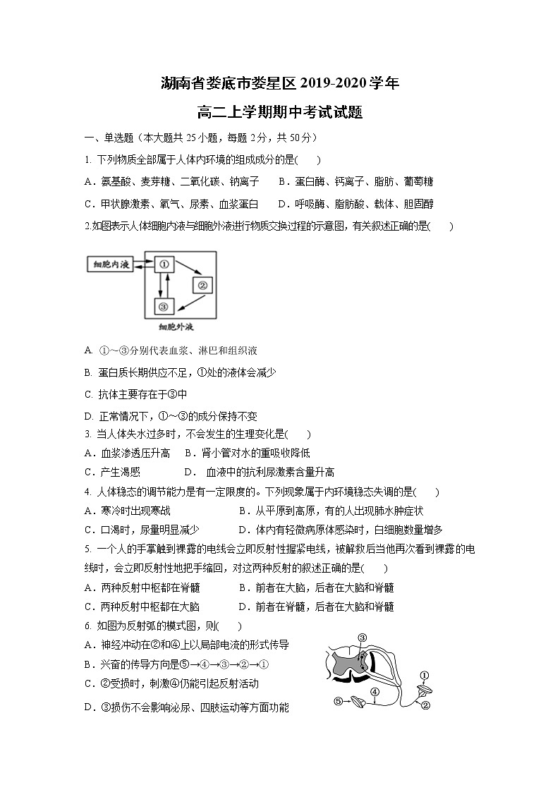 【生物】湖南省娄底市娄星区2019-2020学年高二上学期期中考试试题01